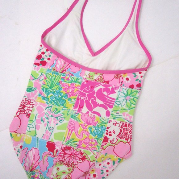 Patchwork Animal Floral Swimsuit One Piece Pink Giraffe Flamingo Lion - Picture 6 of 15